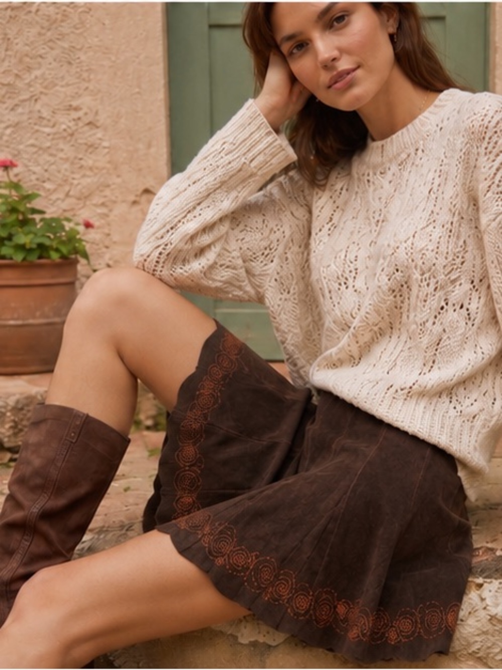 JUNE Anthropologie suede LEATHER SKIRT embroidered, ruffle brown 6